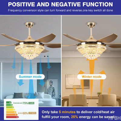 Living Room Crystal LED Ceiling Fan 52 Inch Remote Control