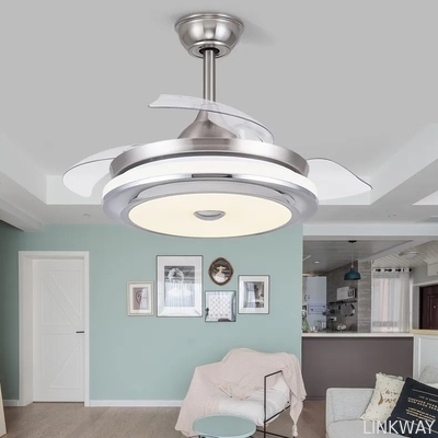 wholesale  Modern 36 42 Inch Silver Retractable Ceiling Fan with LED Light 3 Blades Remote Control Switch Hidden Blades