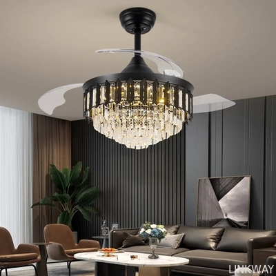 wholesale   Luxury Remote Control Retractable Invisible Fan Blade Golden Ceiling Fan Light