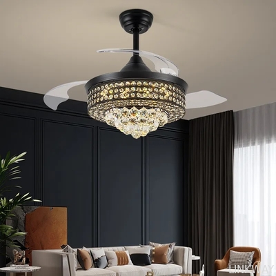 wholesale   Luxury Remote Control Retractable Invisible Fan Blade Golden Ceiling Fan Light