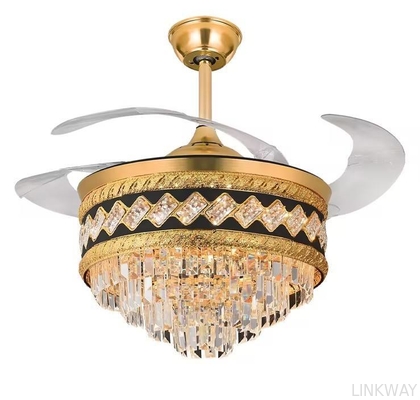 wholesale   Nordic Modern Dc Remote Control Glod Retractable Invisible Round K9 Crystal Chandelier Led Ceiling Fan With Light