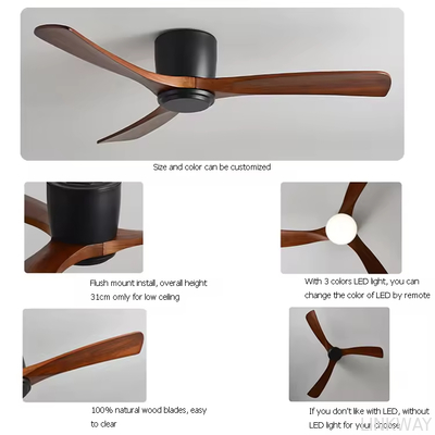 Wholesale   Remote or Wifi Tuya App Residential Low Profile Flush Mount Propeller Wood Blades Energy Saving Ceiling Fan for Low Ceiling