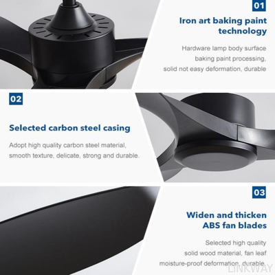European Style DC 56 Inch 50W ABS 3 Blades Wall Control Remote Control Dimmable Led Ceiling Fan Black Fan Light