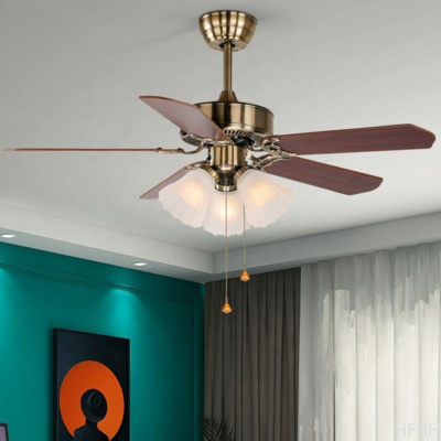 HFBH 208B Ac Dc Classic American Style 42/52 Inches Pull Chain Wood Remote Control Copper Chandelier Ceiling Fan with Light