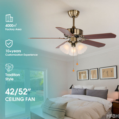 HFBH 208B Ac Dc Classic American Style 42/52 Inches Pull Chain Wood Remote Control Copper Chandelier Ceiling Fan with Light