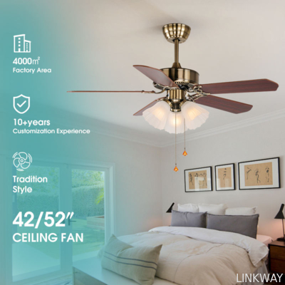 Manufacturer Ac Dc Classic American Style 42/52 Inches Pull Chain Wood Remote Control Copper Chandelier Ceiling Fan with Light