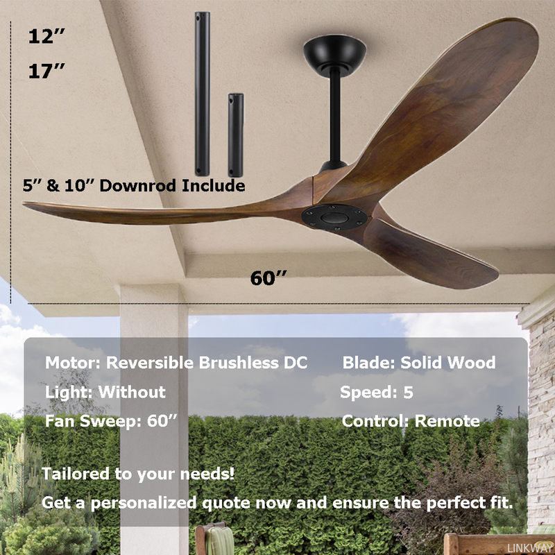 Manufacturer 60 Inch Matte Black Ceiling Fan With Dark Walnut , Solid Wood Blade Ceiling Fan No Light