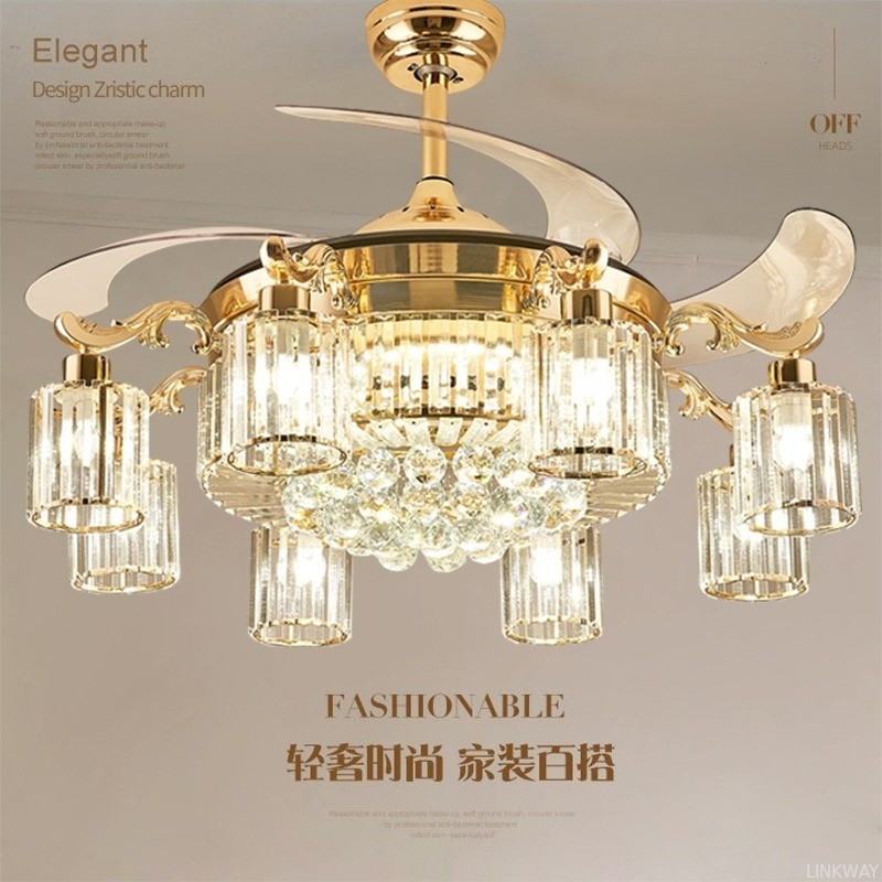 Wholesale  Modern LED Crystal Ceiling Fan Light , Invisible Acrylic Blade Ceiling Fan Remote Control