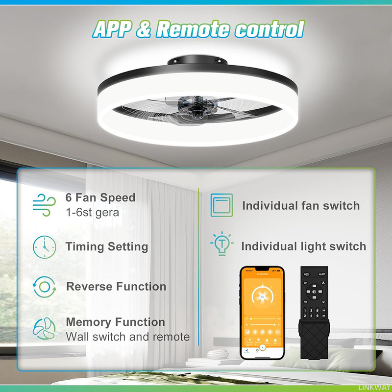 Manufactory 19.7 Inch Invisible Nordic Simple Led Ceiling Cell Fan with Lamp with Led Lighting Led Lamp Classic and Remote