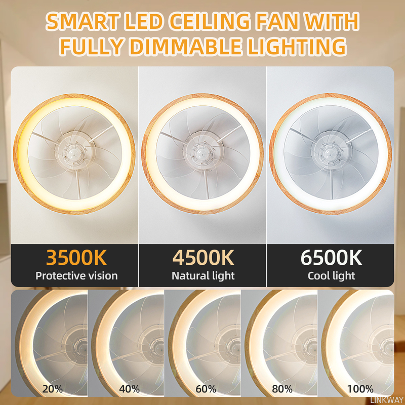 wholesale  20-Inch LED Ceiling Fan 5 Wooden Leaves Custom Remote Control Dimming Timing 3-Speed Modern Living Room 60W 110V