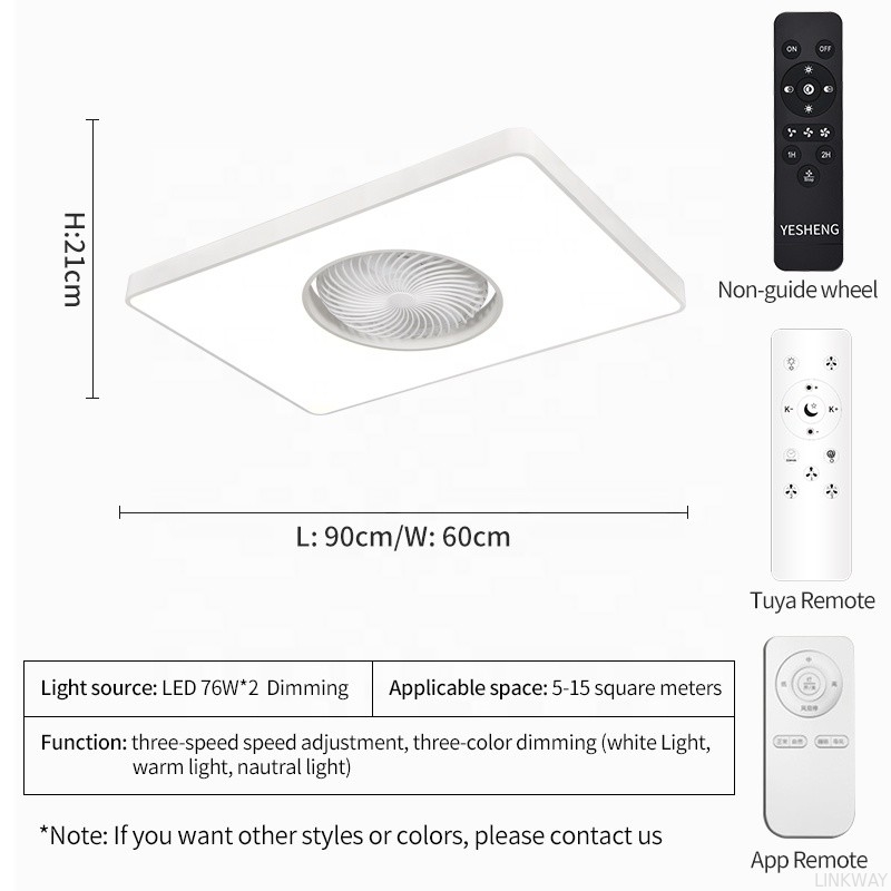 Wholesale factory 90cm Rectangle Modern LED Ceiling Fan Remote Control Bladeless Flush Mount for Living Room Bedroom Children's Invisible