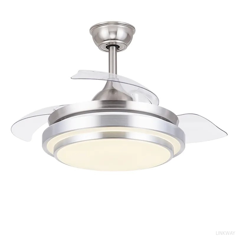 wholesale  Modern 36 42 Inch Silver Retractable Ceiling Fan with LED Light 3 Blades Remote Control Switch Hidden Blades