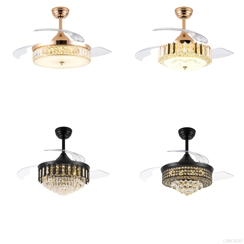 wholesale  Tricolor Dimming Black Luxury Crystal Ceiling Fan Light with Remote Control