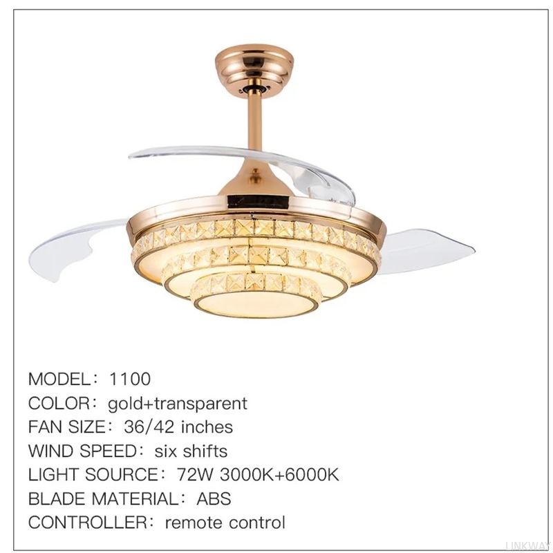 wholesale  Tricolor Dimming Black Luxury Crystal Ceiling Fan Light with Remote Control