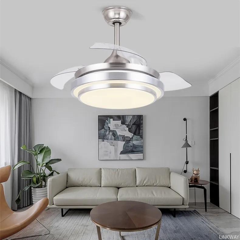 wholesale  Modern 36 42 Inch Silver Retractable Ceiling Fan with LED Light 3 Blades Remote Control Switch Hidden Blades