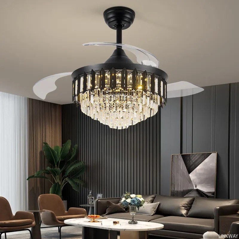 wholesale   Luxury Remote Control Retractable Invisible Fan Blade Golden Ceiling Fan Light