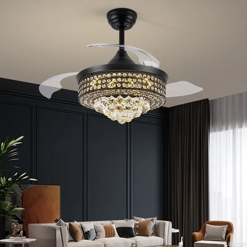 wholesale   Luxury Remote Control Retractable Invisible Fan Blade Golden Ceiling Fan Light