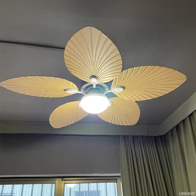 Wholesale  220v Tropical Retro Decorative Fancy Fan Ceilling 5 ABS Palm Leaf Blades Dc Bldc Remote Control Celling Fan With Light
