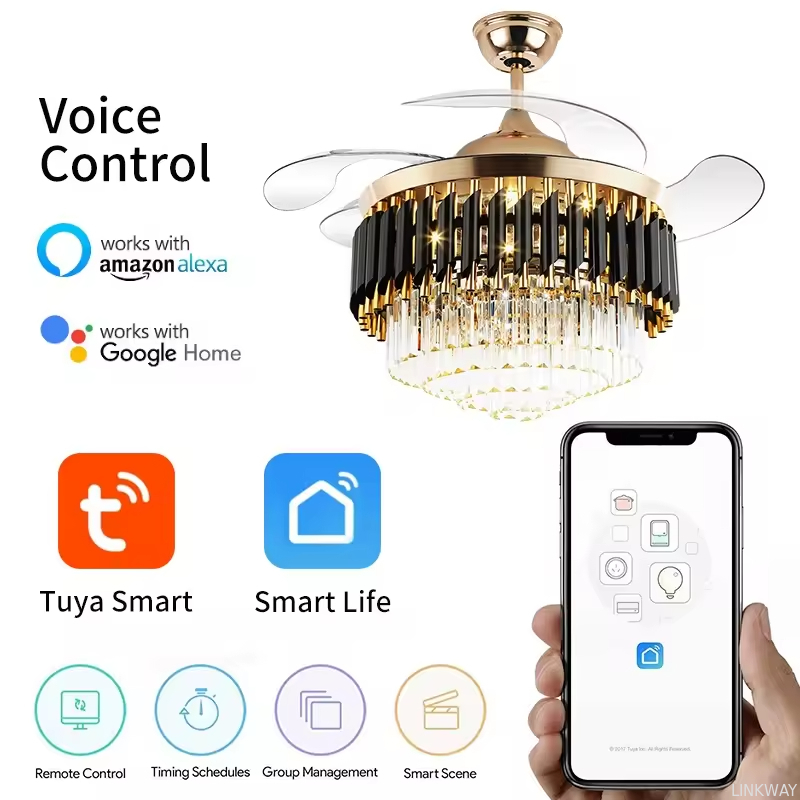 wholesale   Smart Chandelier Ceiling Light and Fan Luxury Bedroom Crystal Chandelier Ceiling Led Fan Light Luxury Ceiling Fan Led with Light