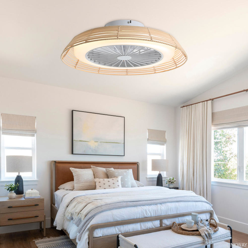 Wholesale factory 18 Inch Rattan Caged Fan Light Smart Tuya APP Control Ventilador Modern LED Ceiling Fan With Remote Control