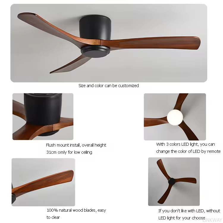 Wholesale   Remote or Wifi Tuya App Residential Low Profile Flush Mount Propeller Wood Blades Energy Saving Ceiling Fan for Low Ceiling