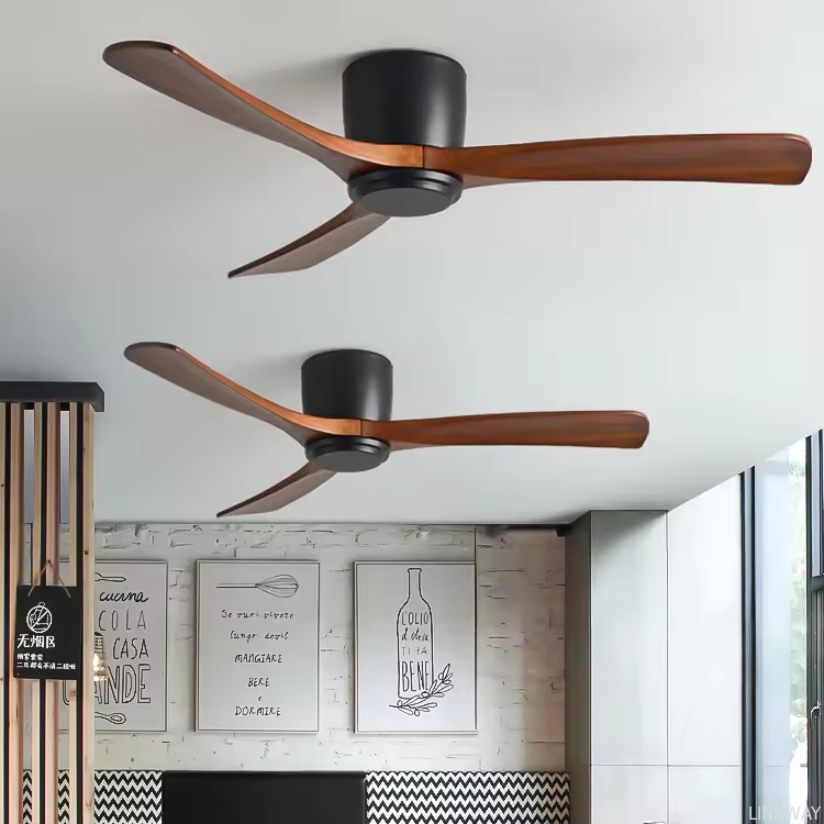 Wholesale   Remote or Wifi Tuya App Residential Low Profile Flush Mount Propeller Wood Blades Energy Saving Ceiling Fan for Low Ceiling