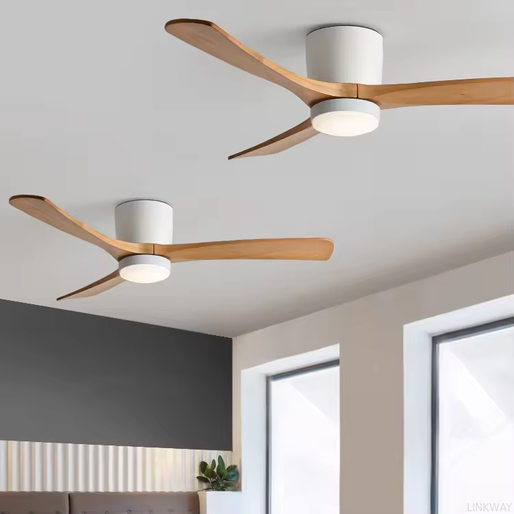 Wholesale   Remote or Wifi Tuya App Residential Low Profile Flush Mount Propeller Wood Blades Energy Saving Ceiling Fan for Low Ceiling