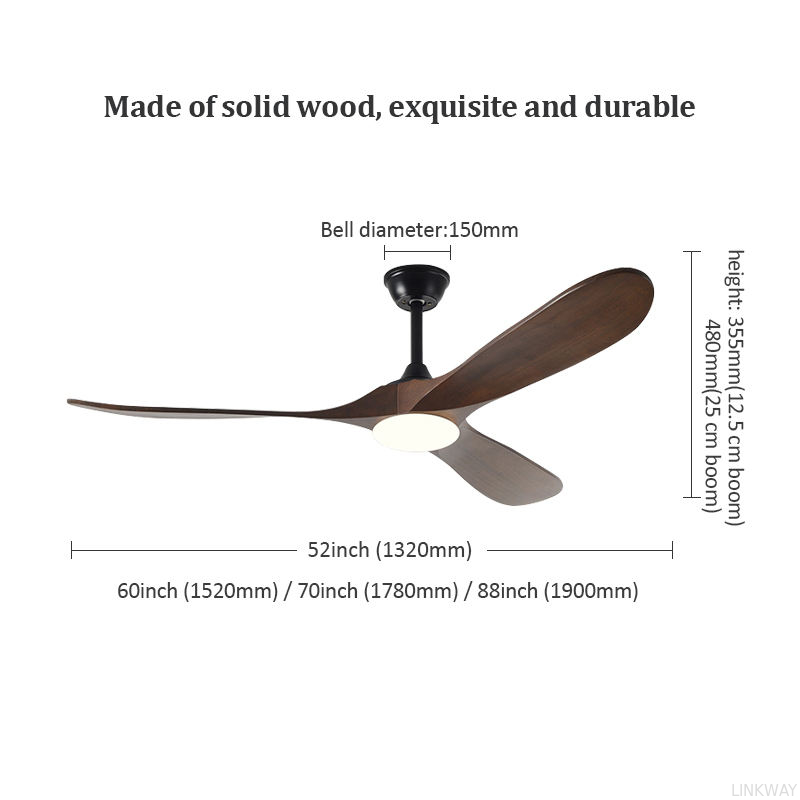 Factory New Style Nordic Luxury 52 Inch Solid Wooden 3 Blade Modern Dc Motor Mute Ceiling Fan Light Large Ceiling Fan