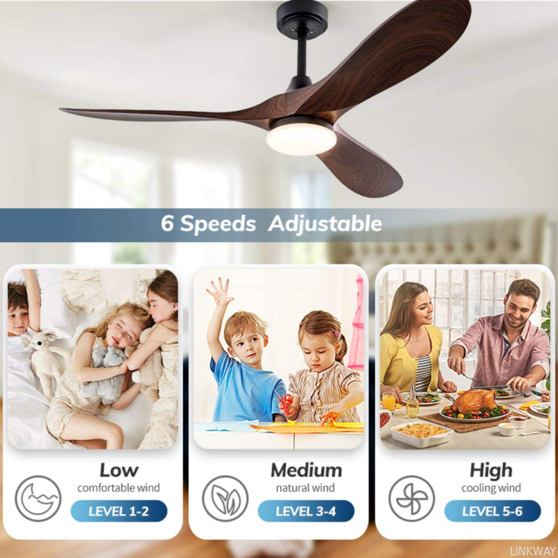 HFBH Model 666 52 Inch Ceiling Fan for Living Room Solid Wood Blade BLDC Motor Walnut Ceiling Fan with Light