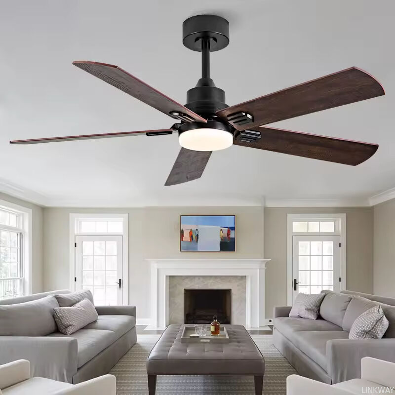 52 Inch Modern Black Ceiling Fan 5 Deep Walnut Blades Quiet Reversible DC Motor LED Ceiling Fan with Light Large Ceiling Fan
