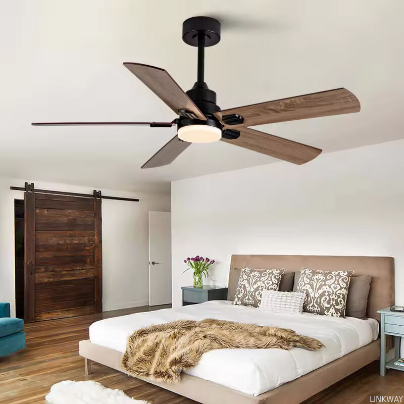 52 Inch Modern Black Ceiling Fan 5 Deep Walnut Blades Quiet Reversible DC Motor LED Ceiling Fan with Light Large Ceiling Fan