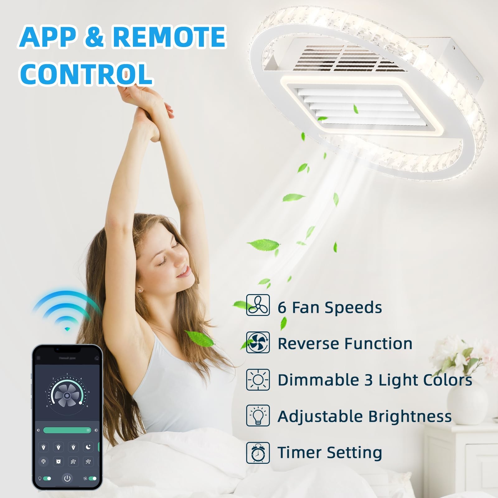 Wholesale   Bladeless 6 Speeds Dimmable Flush Mount Ceiling Fan With Light And Remote