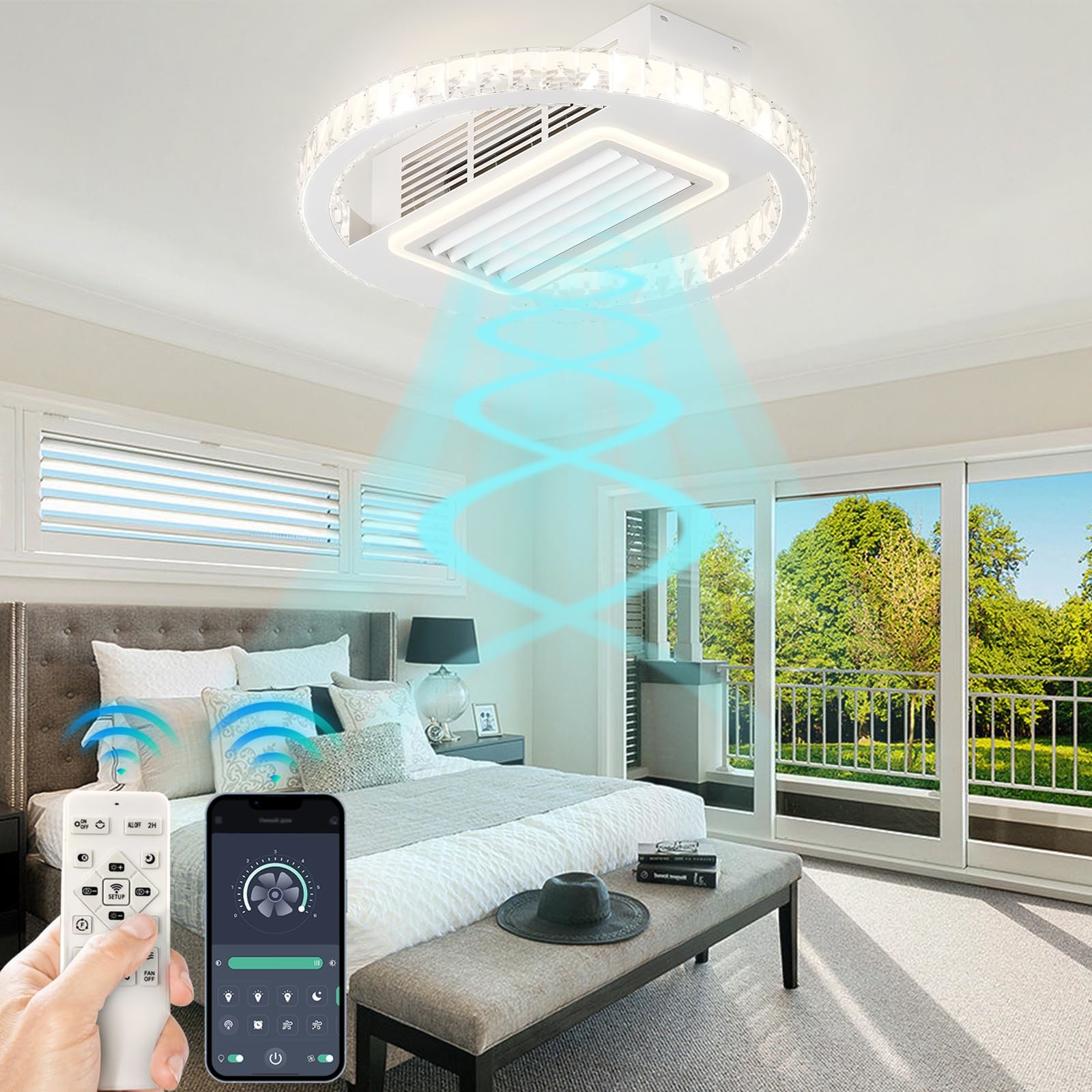Wholesale   Bladeless 6 Speeds Dimmable Flush Mount Ceiling Fan With Light And Remote
