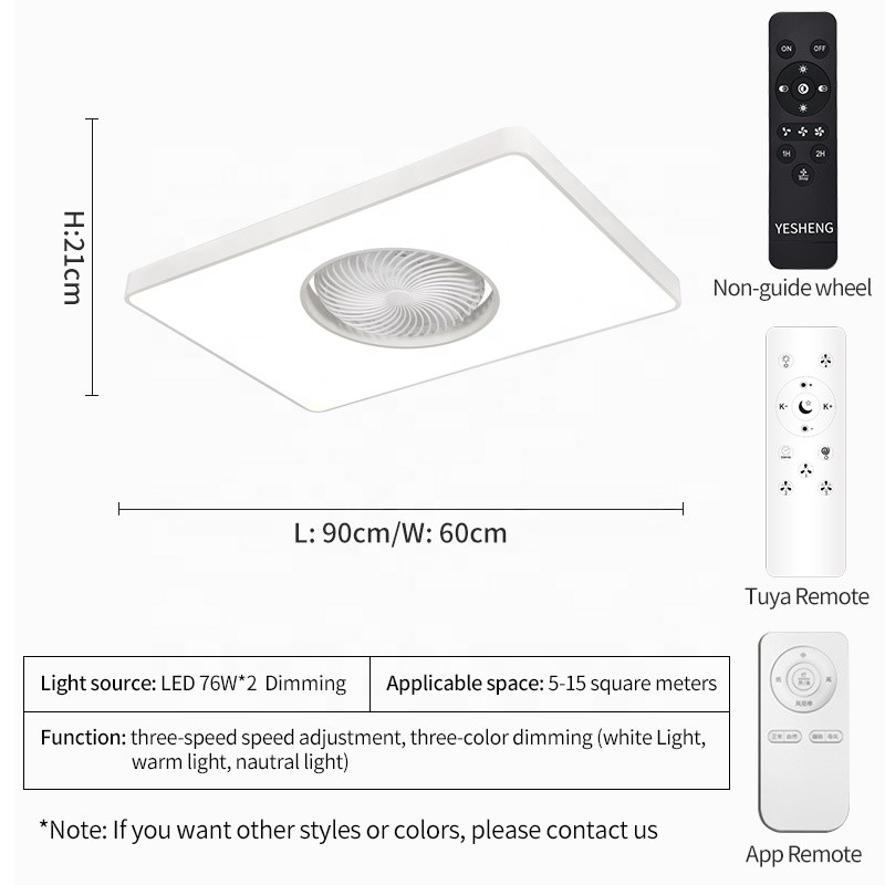 90cm Rectangle Modern LED Ceiling Fan Remote Control Bladeless Flush Mount for Living Room Bedroom Children's Invisible