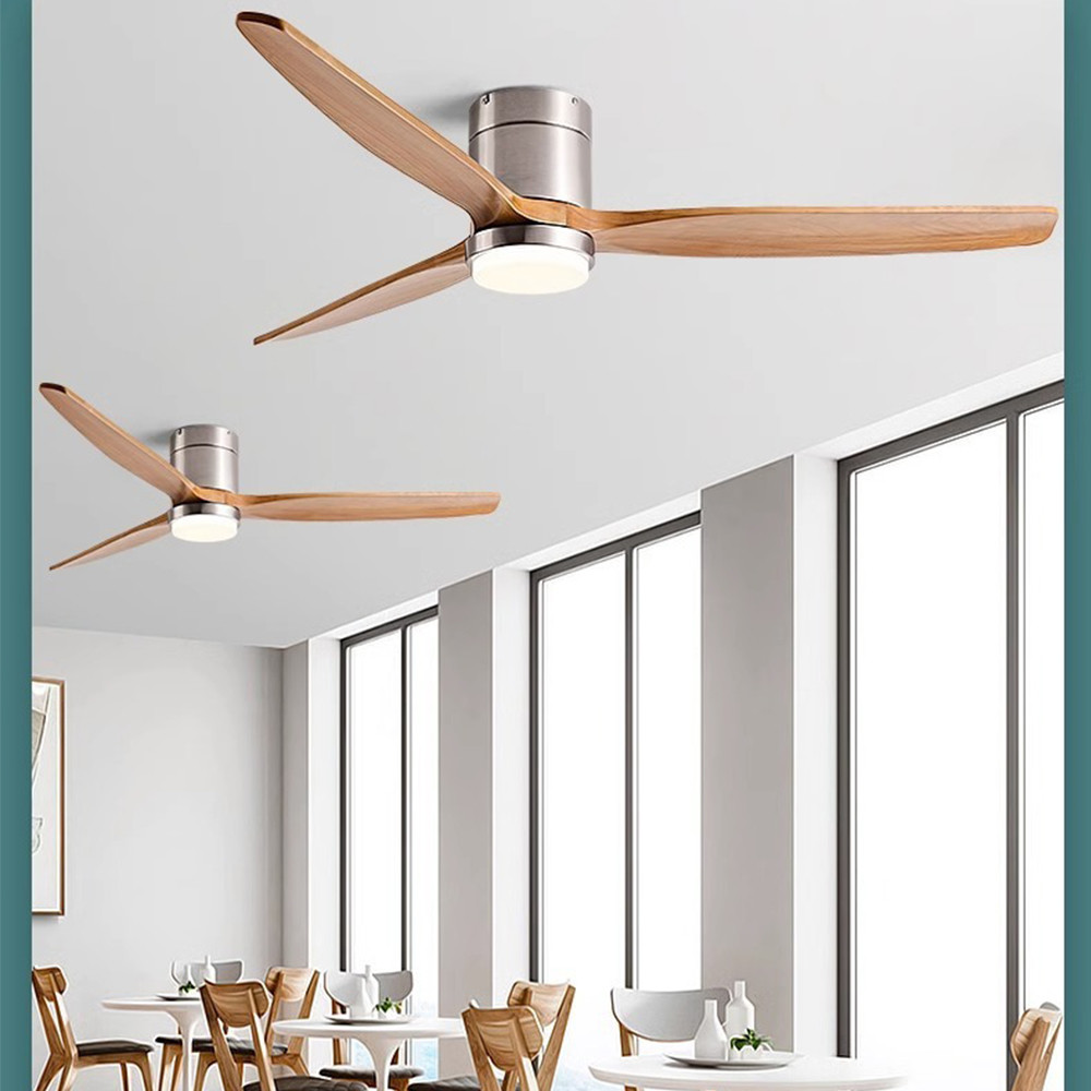 Wholesale factory Wooden 52 Inch Modern 3 Leaf Intelligent  Remote Control LED Decorative Ceiling Fan with Light