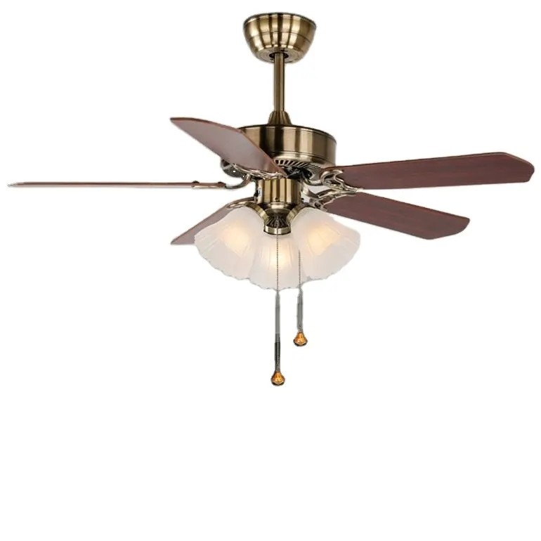 Manufacturer Ac Dc Classic American Style 42/52 Inches Pull Chain Wood Remote Control Copper Chandelier Ceiling Fan with Light