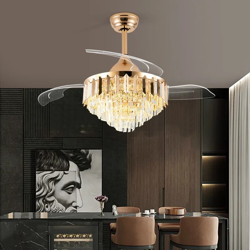 wholesale   HFBH Model1268B Entry lux Modern Crystal 42 Inches Golden Ceiling Light with Fan