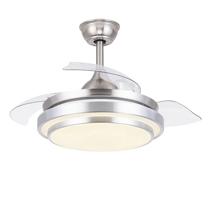 wholesale  Modern 36 42 Inch Silver Retractable Ceiling Fan with LED Light 3 Blades Remote Control Switch Hidden Blades