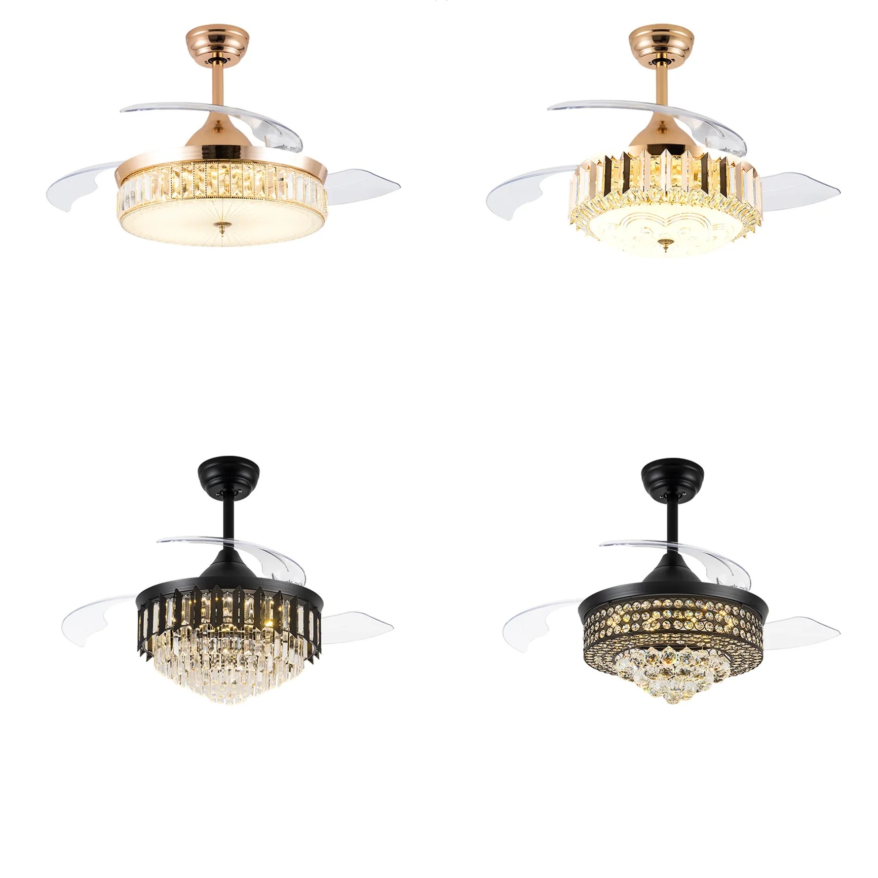wholesale  Tricolor Dimming Black Luxury Crystal Ceiling Fan Light with Remote Control