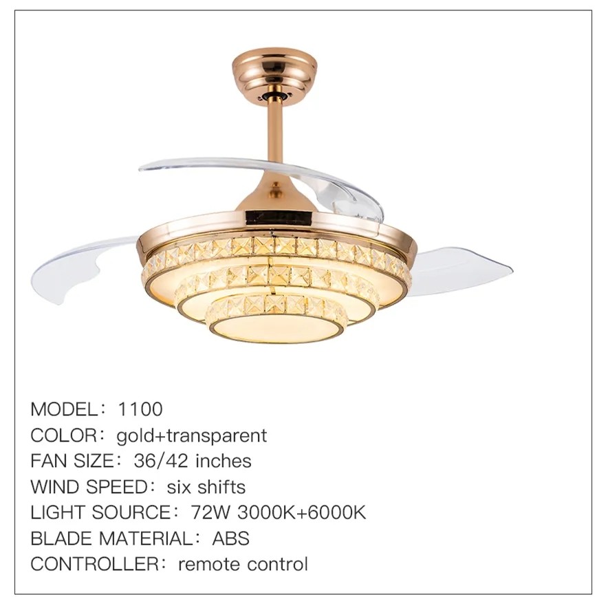wholesale  Tricolor Dimming Black Luxury Crystal Ceiling Fan Light with Remote Control