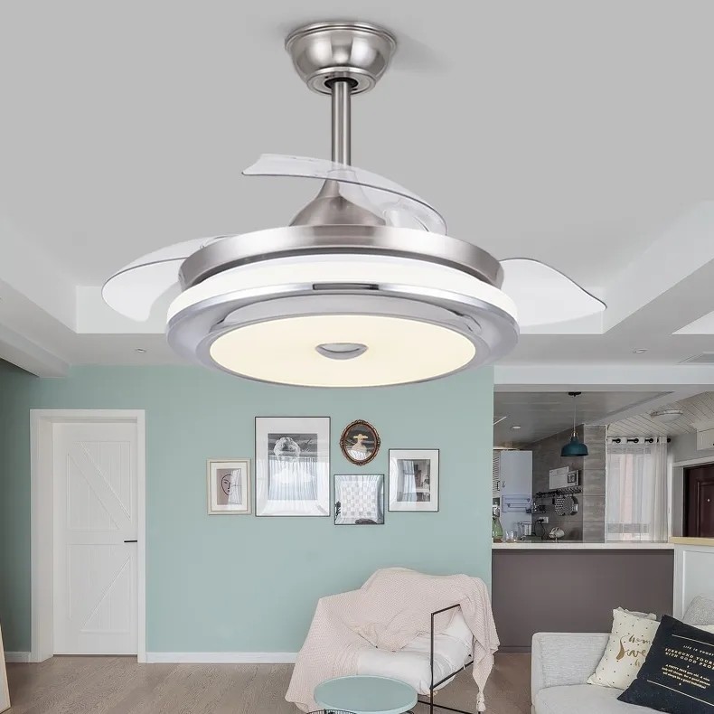 wholesale  Modern 36 42 Inch Silver Retractable Ceiling Fan with LED Light 3 Blades Remote Control Switch Hidden Blades