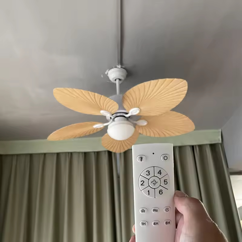 Wholesale  220v Tropical Retro Decorative Fancy Fan Ceilling 5 ABS Palm Leaf Blades Dc Bldc Remote Control Celling Fan With Light