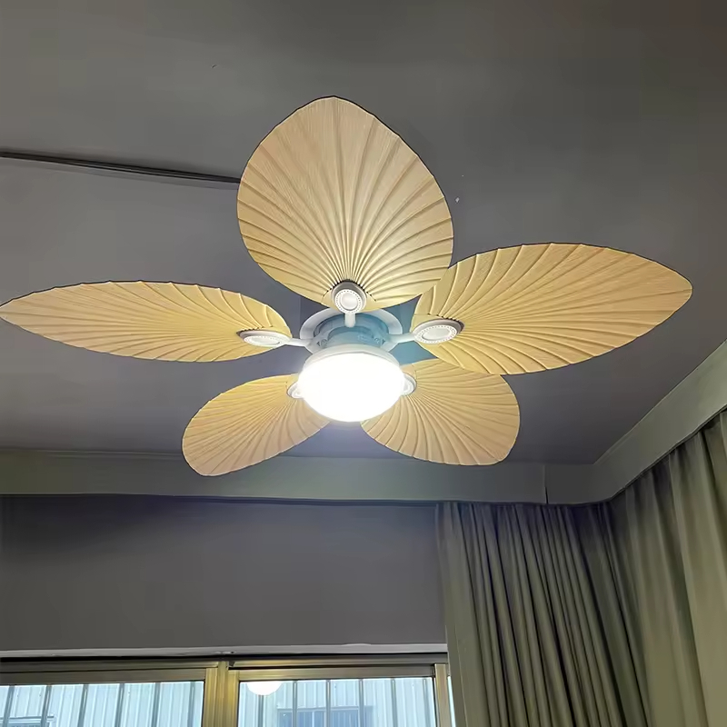 Wholesale  220v Tropical Retro Decorative Fancy Fan Ceilling 5 ABS Palm Leaf Blades Dc Bldc Remote Control Celling Fan With Light