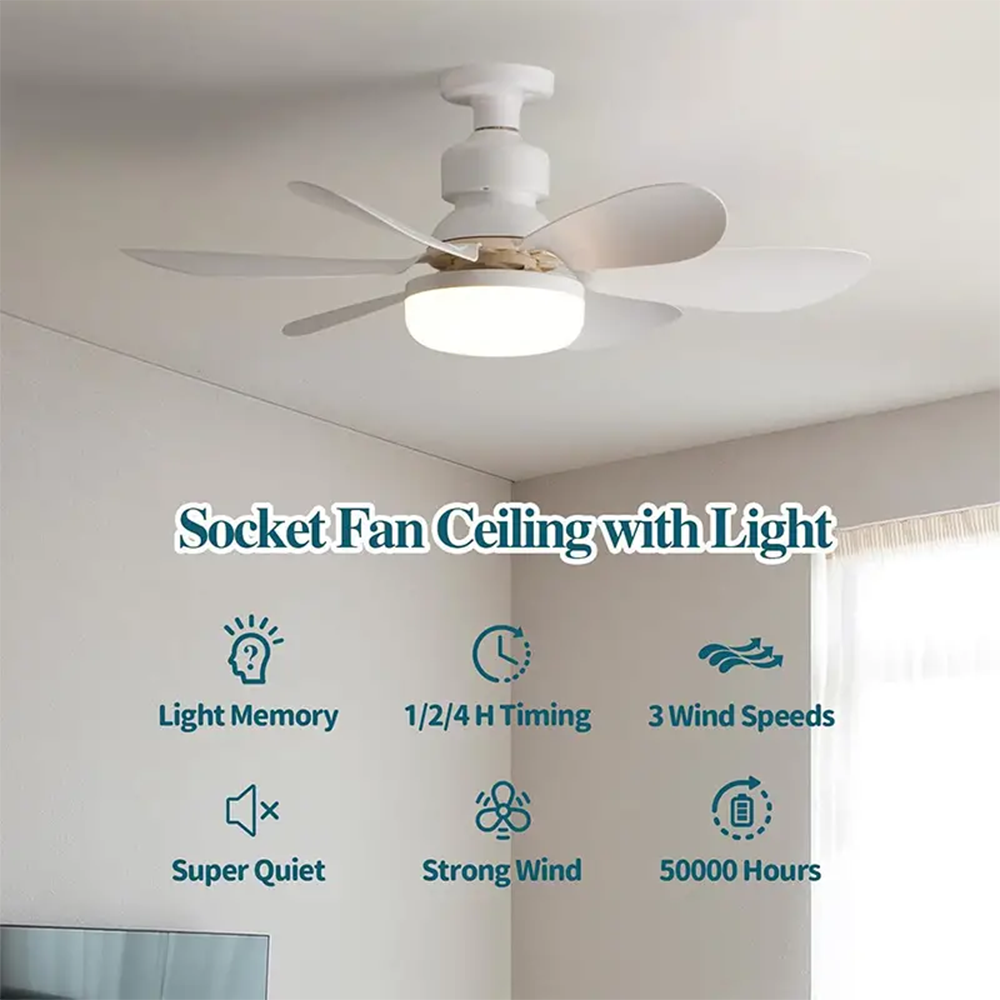 Socket Fan Light with Remote E27 Base 20.5'' Small Screw in Ceiling Fans with Lights 3 Speeds and 3 Color Dimmable Fan Light Bulb
