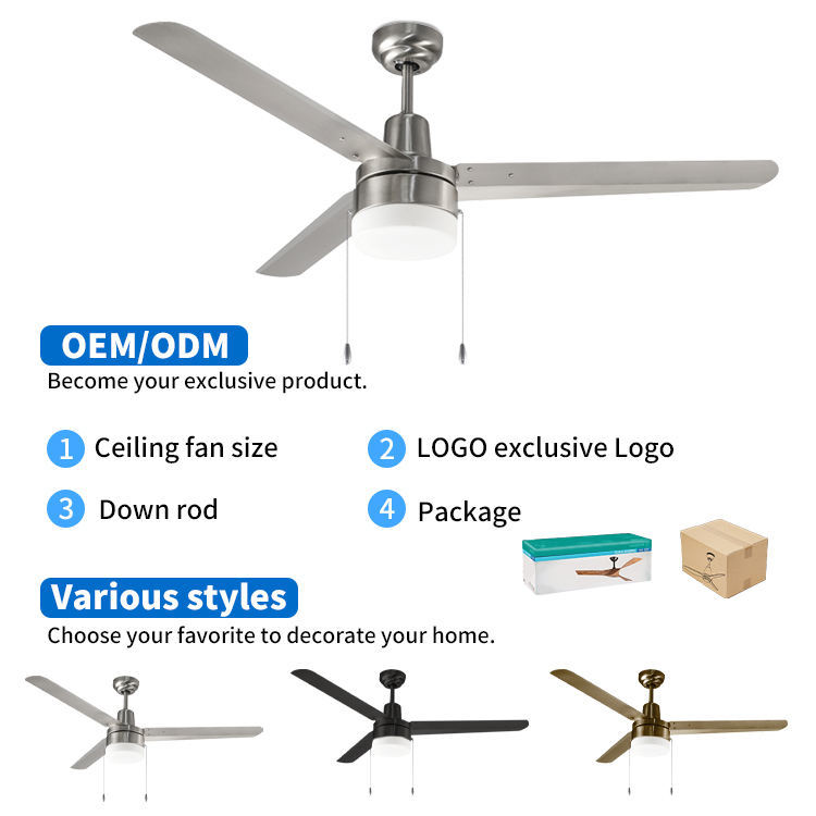 wholesale   Unique 48 Inch 3 Iron Blade Powerful Decorative Lighting Ceiling Fan Bedroom Rotating Led Ceiling Fan With Light