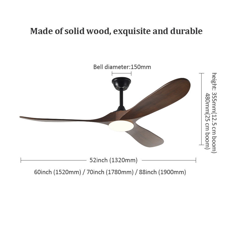Factory New Style Nordic Luxury 52 Inch Solid Wooden 3 Blade Modern Dc Motor Mute Ceiling Fan Light Large Ceiling Fan