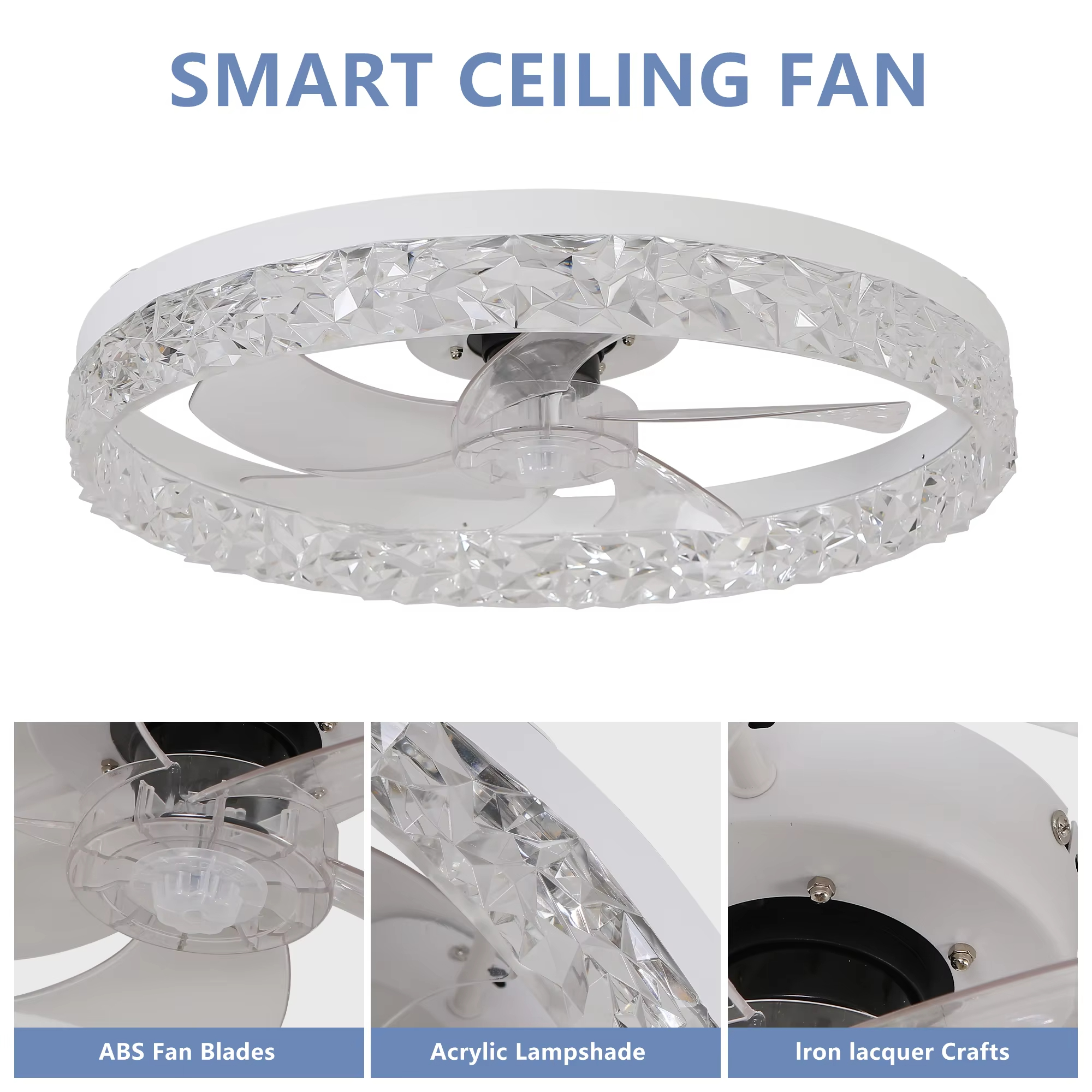 wholesale, manufacturer, factory，batch,tailered, customized         Modern Acrylic Ceiling Fan Light Remote Control Dimmable LED Chandelier 6 Speed Quiet Motor Flush Mount For Living Room Bedroom