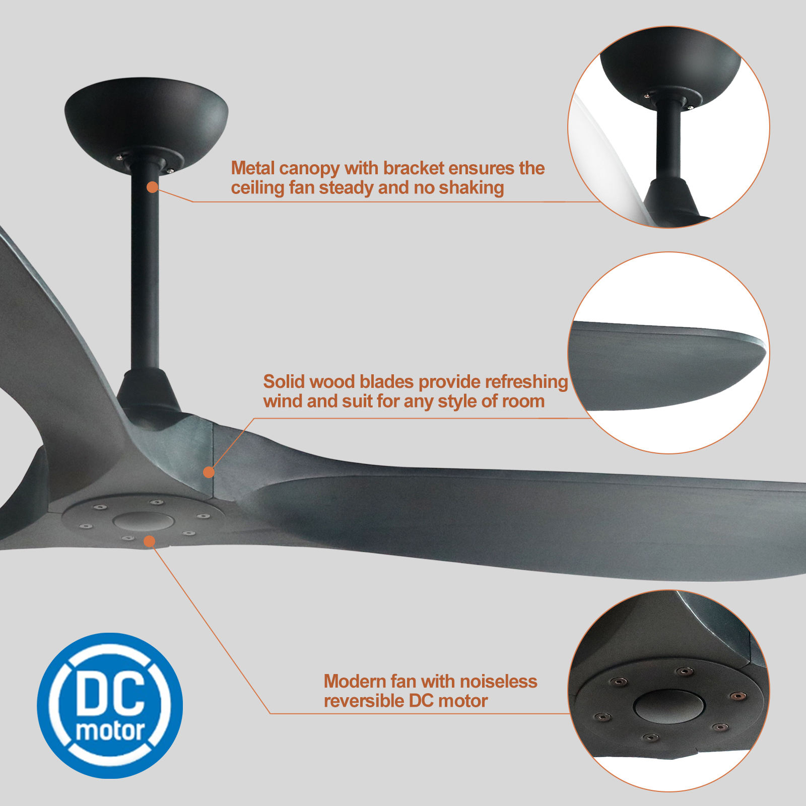 3 Blades Modern LED Ceiling Fans 60 Inch Outdoor Indoor Ceiling Fan Without Light