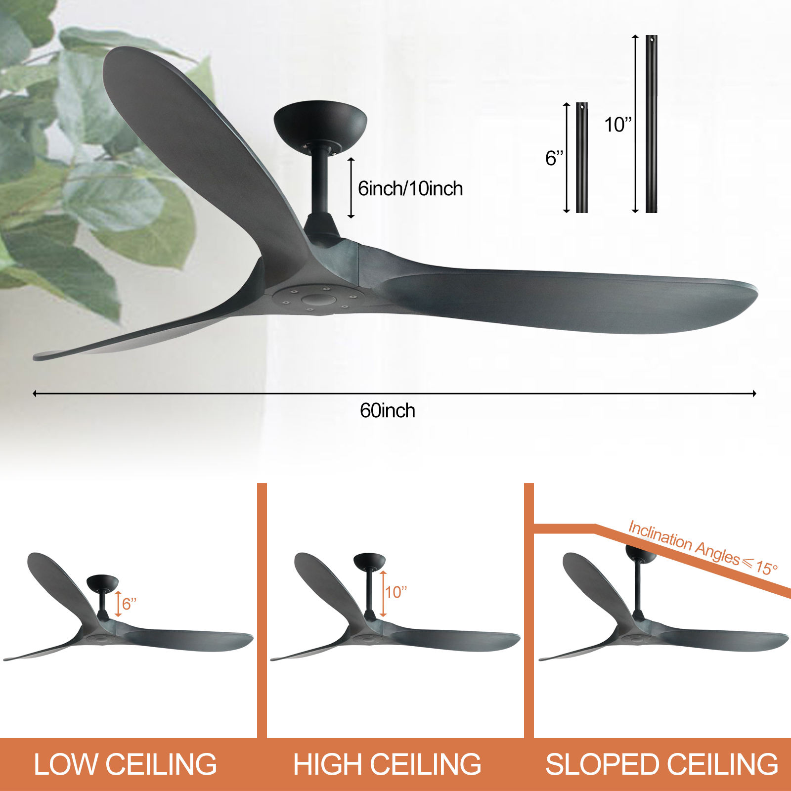 3 Blades Modern LED Ceiling Fans 60 Inch Outdoor Indoor Ceiling Fan Without Light