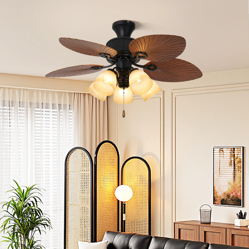 Modern European Luxury Decorative Solid Wood Blade Zipper 220V Ceiling Fan With Light
